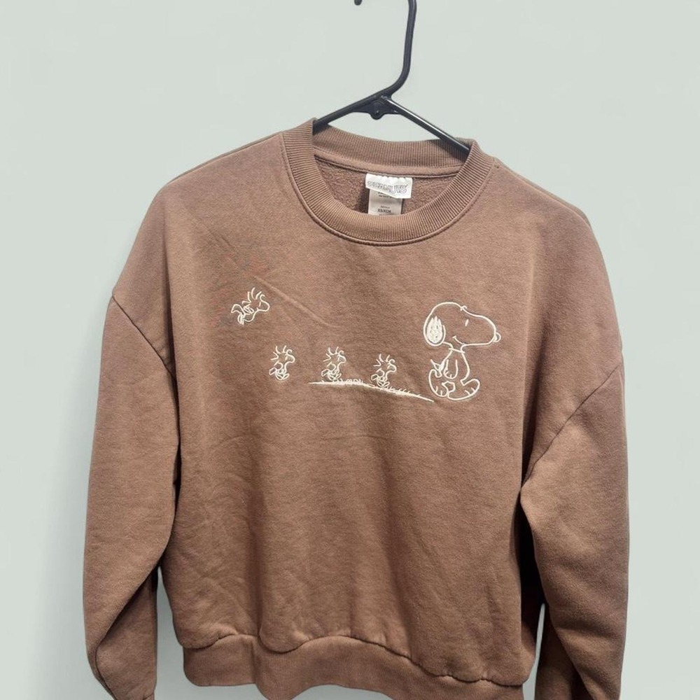 Peanuts Snoopy Woodstock Embroidered Brown Crewneck Sweatshirt XS Boxy Fleece
